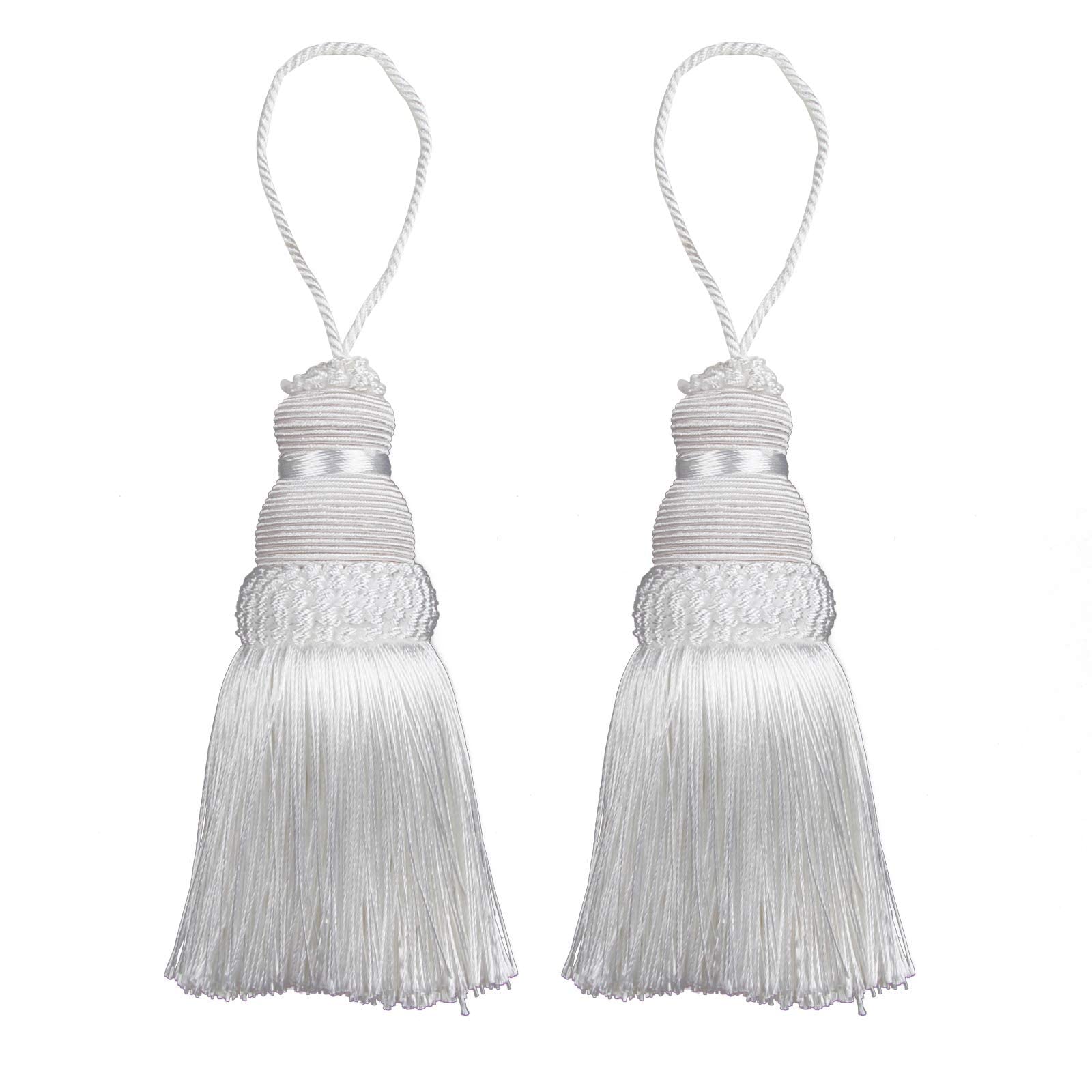 Fenghuangwu Elegant Polyester Tassel Key Tassel DIY Accessories for Furniture Light and Home Decoration 2 Packs (White-2PCS)