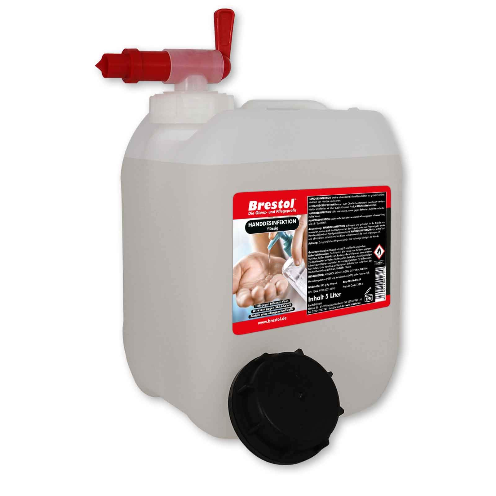 HANDDESINFEKTION Liquid 5 Liter + 1x Auslaufhahn + 1x Dosierspitze Desinfektionsmittel Hand Oberflächen Hände Desinfektion Händedesinfektion Desinfektionsflüssigkeit Oberflächendesinfektion