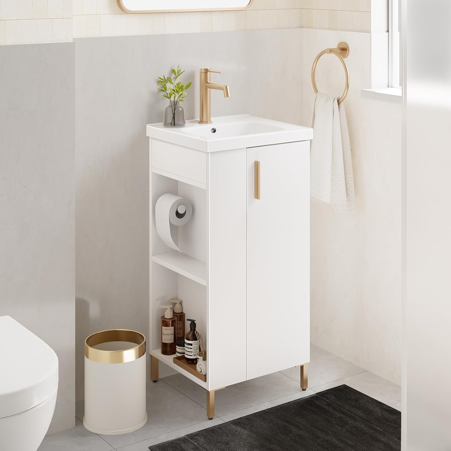 phiestina 16 Inch White Pre-Assembled Bathroom Vanity Fit for Small Space, Bathroom Vanity with Ceramic Sink,Soft Close Door, Left Side Storage,Compact Modern Design,No Faucet,BV05-16-WHITE-PLUS-0128