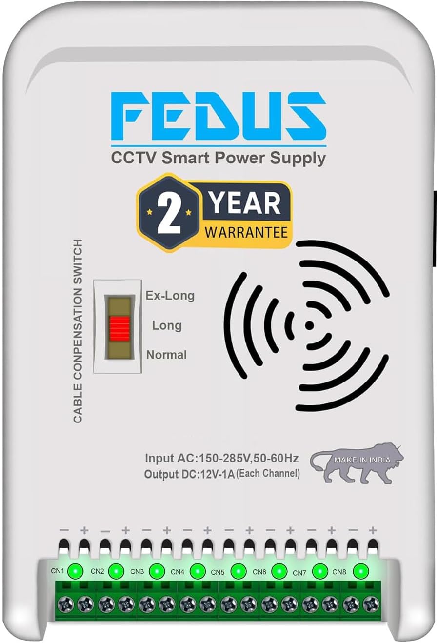 FEDUS 8 Channel CCTV SMPS Power Supply Adapter for up to 8 CCTV Video Security Surveillance Camera System, Dome, Bullet Cameras, Total 12V 10A DC, Cable Compensation Switch (Normal/Long/Ex-Long)