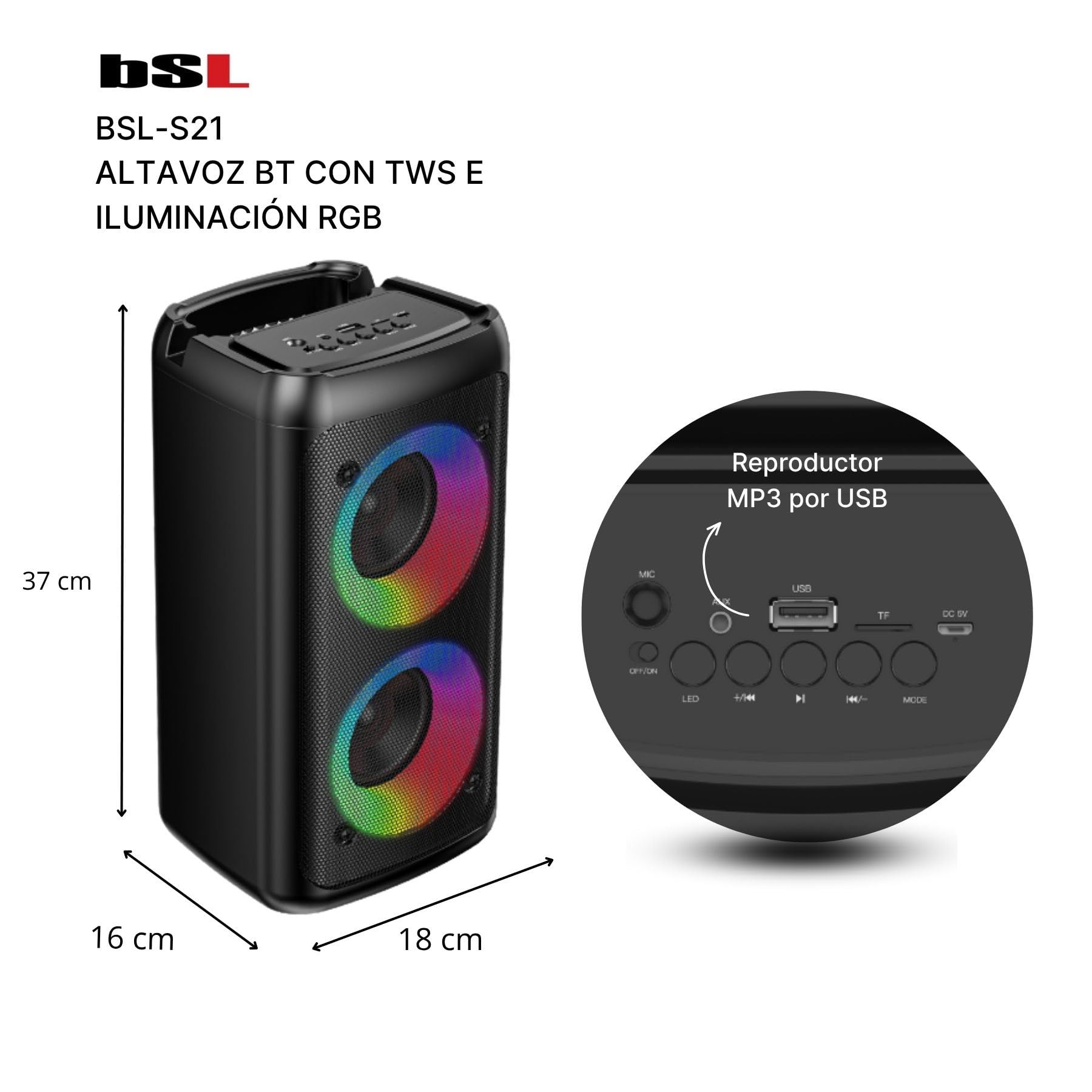 Altoparlante Bluetooth BSL-S21 con illuminazione sugli altoparlanti | 2 altoparlanti da 4 pollici | 20 W | Microfono in omaggio | Batteria da 2400 mAh | Lettore MP3 tramite USB | Ricarica USB-C