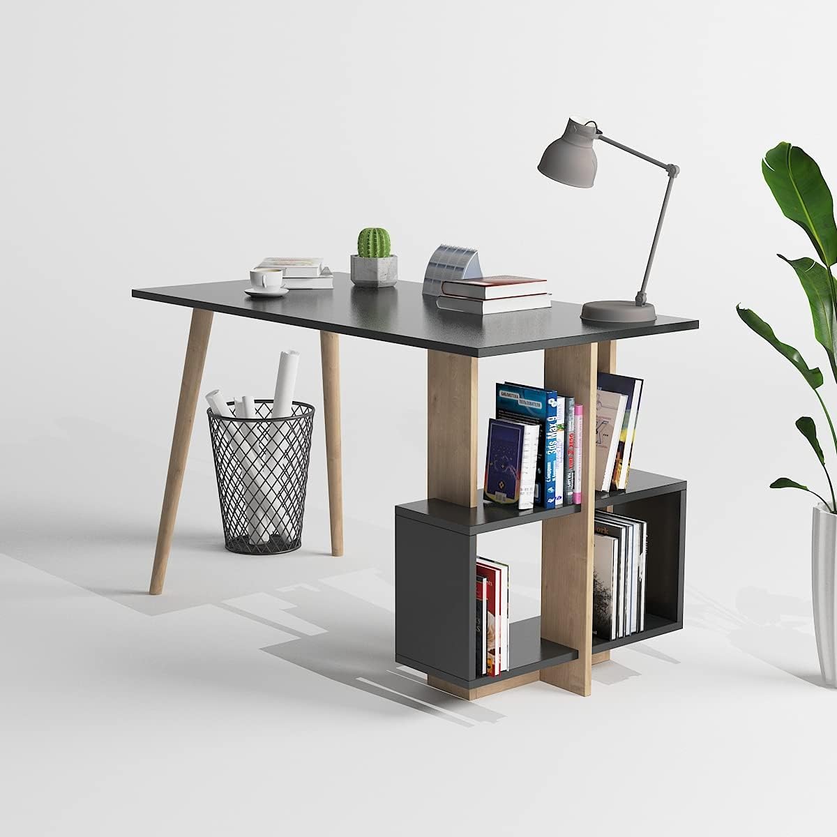 P&W | Desk with Storage Table Desk Large White Study Desk Nordic Desk Standing Desk with 4 Shelves Desk Home Office Desk Table Study Desk For Students Integrated Bookcase 120x60x73cm (Dark Grey - Oak)