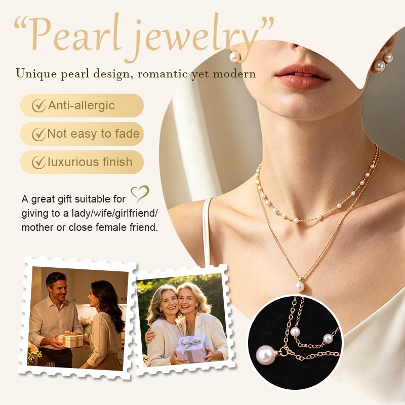 Image of Pearl Earring Stud Pearl Necklace Choker for Bride Wedding Earring Necklace