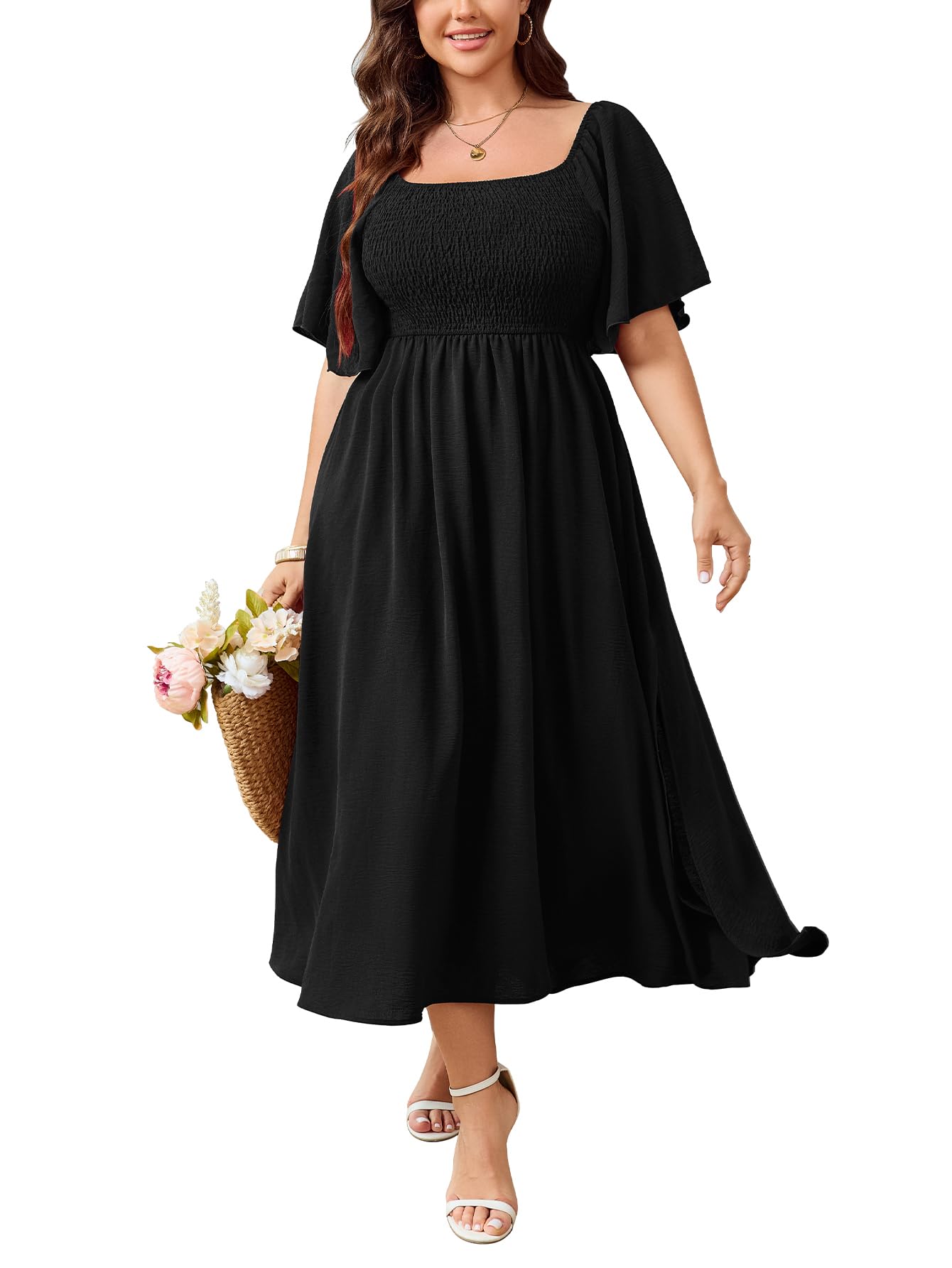 Photo 1 of SHESTARR Women's Plus Size Dress Short Sleeve Square Neck Smocked Side Split Flowy A Line Long Maxi Dress Black