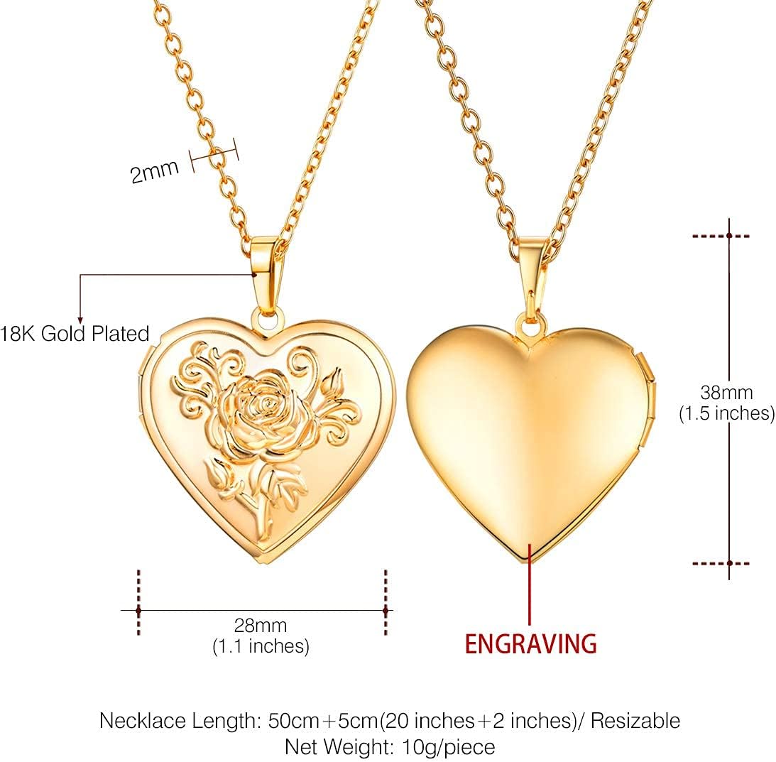U7 Locket Necklace for Women, Silver/Gold/Rose Gold Custom Photo Text Necklaces, Flower Heart/Round Shape Personalized Picture Pendant Necklace 18 Inch - Image 7