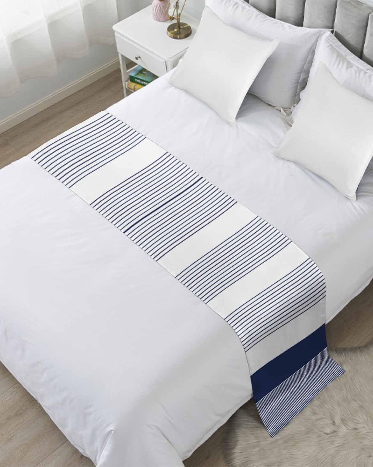 Bed Runner Navy Blue Stripe Lines Bedding Scarves Soft Decorative Bed Flag Abstract Striped Bed Runners for Cal King Size Bed Hotel Bedroom Decor Bed Throws for Foot of Bed Scarf Protector 20x102
