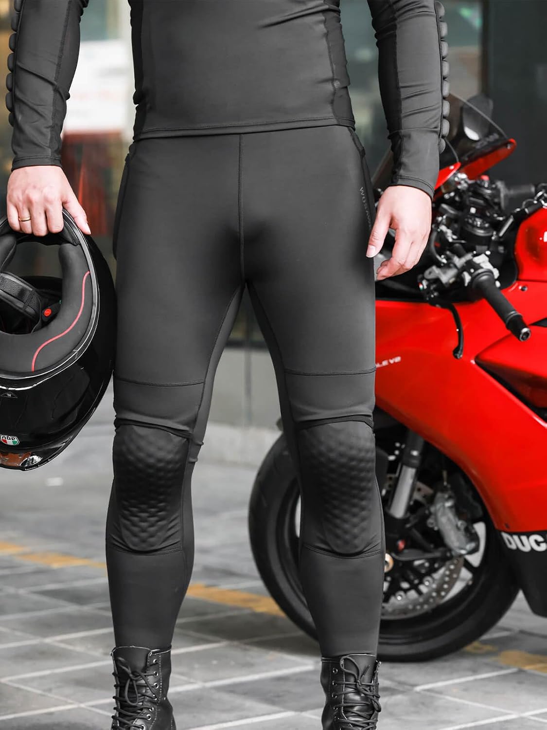 WOSAWE Mens Summer Motorcycle Pants with Knee Pads Insert Motorbike Riding Elastic Slim Fit Biker Legging
