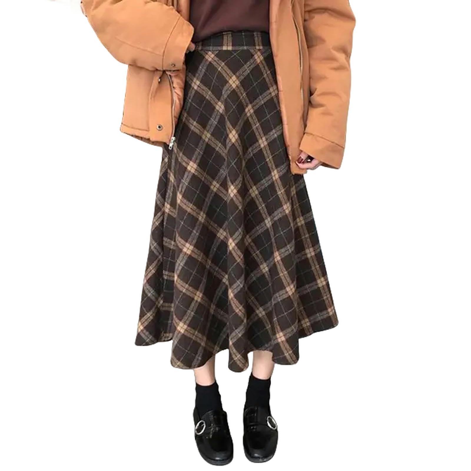 Mdybf Spódnice damskie w stylu vintage, spódnica w kratę, na jesień i zimę, wąska, średniej długości, duża spódnica do kolan, elegancka spódnica o linii A