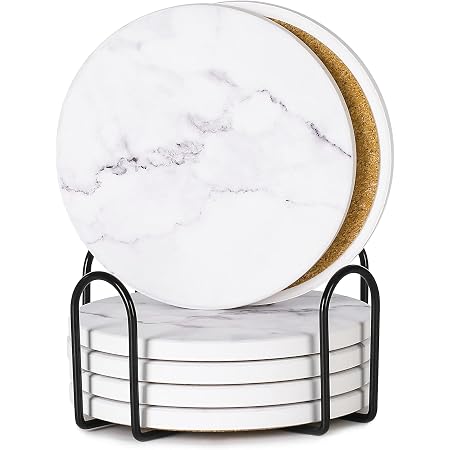 ZJNAYZF Marble Style Ceramic Coasters Set Of 6 With Holder - Cork Backing, Table Protection, Quicksand Design