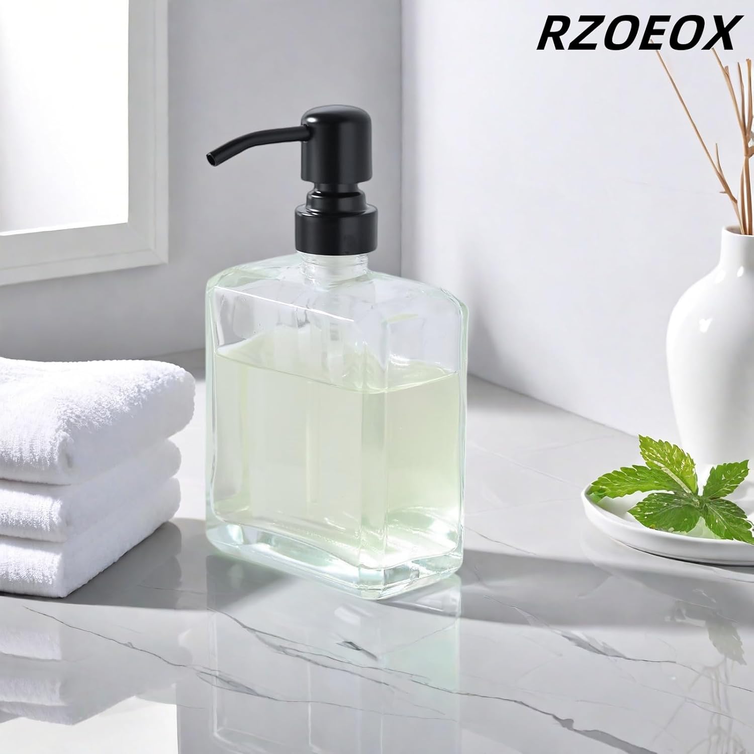 Clear Glass Soap Dispenser with Black Pump, 13.5 OZ Liquid Soap Dispenser Square with Stainless Steel Pump for Dish Hand Soap Bathroom Kitchen Vanity Countertop - Image 8
