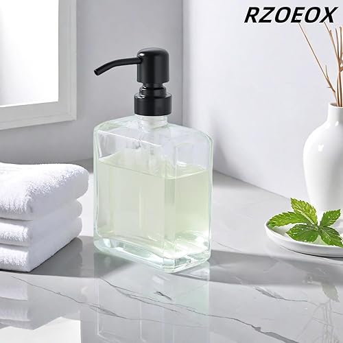 Miniatura 8 de Dispensador de jabón de vidrio transparente con bomba negra, dispensador de jabón líquido de 13.5 onzas, cuadrado con bomba de acero inoxidable para