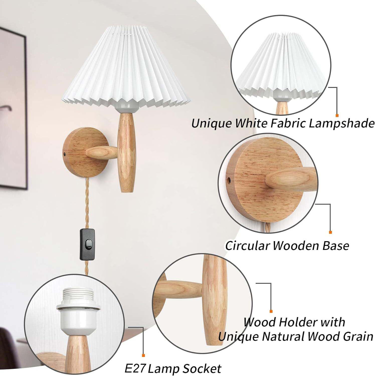AoLa Holz Wandleuchte mit Weißer Stoffschirm E27 Vintage Wandlampe mit 2.5M Hanfseil Kabel und Schalter Plissiertem Design Nachttischlampe Innen Rustikal für Loft Schlafzimmer Wohnzimmer Flur,1 Stück