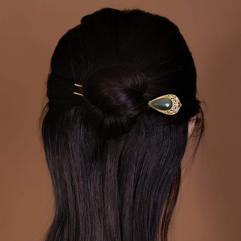 Gioielli per capelli cinesi, Bacchette for capelli retrò a forma di U in argento 925 for donna, forcina for capelli in giada verde Hetian, forcine etniche placcate in oro e perle, 3 punte for chignon.