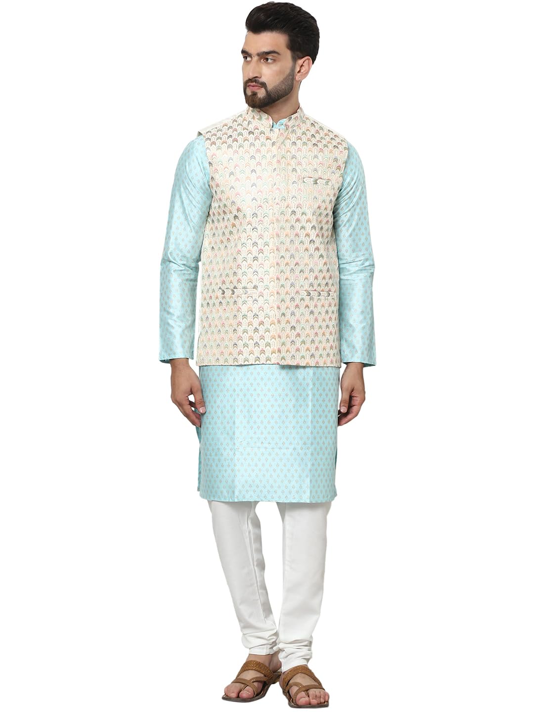 Sojanya (Since 1958 Men's Silk Blend Printed Sky Blue Kurta And Cream Pyjama With Designer Cream Nehru Jacket