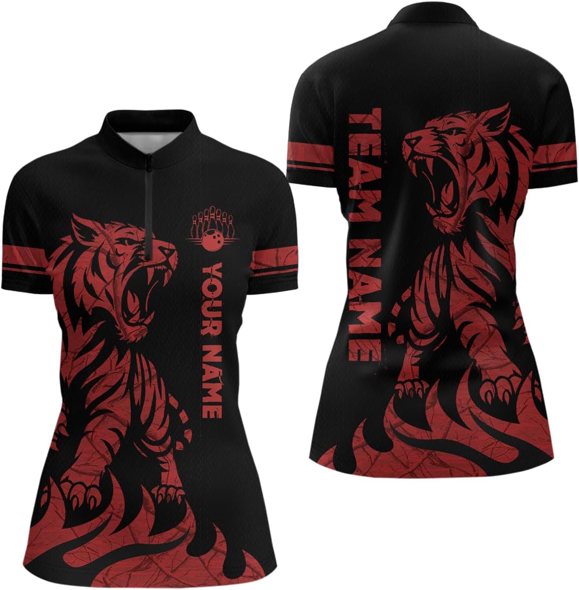 Pink Red Tiger Bowling Shirts for Team Custom Bowling Jerseys for Women Men Bowling Polo and Bowl Quarter Zip Shirt