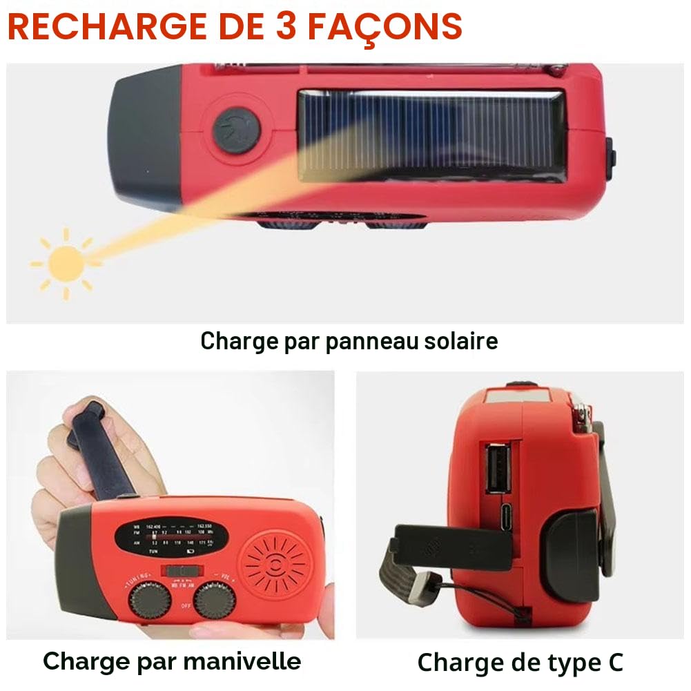 Radio d'urgence portable AM/FM avec manivelle solaire, chargeur USB, alarme SOS et lampe LED rouge