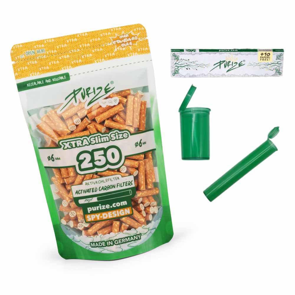 PURIZE 250 sztuk filtrów XTRA Slim Size 6 mm (5,9 mm) z węglem aktywnym z 2 ceramicznymi nakładkami, w zestawie joint tube, puszeczki Popup, papier i 1/5 naklejek (SPY)