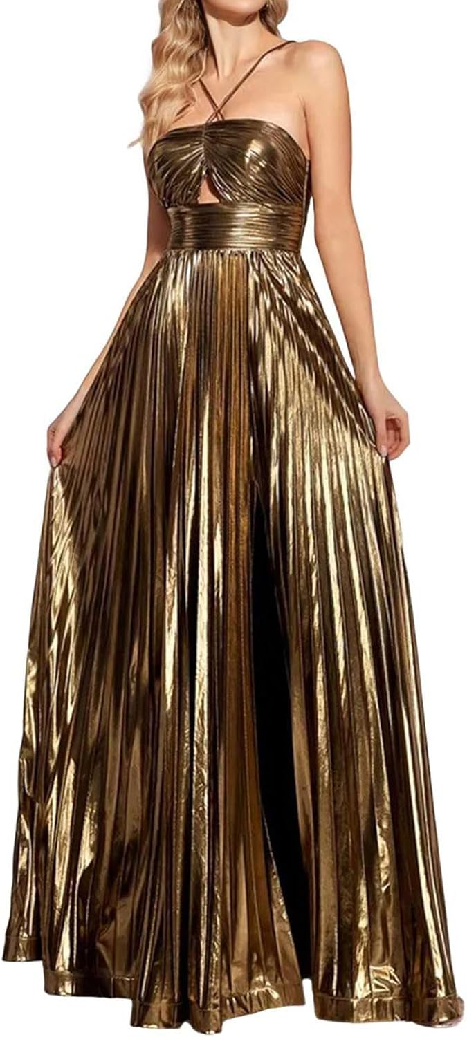 Women's Sleeveless Maxi Dress Sexy Backless Halter Criss Cross Side Split Party Cocktail Dresses Prom Solid Clothes