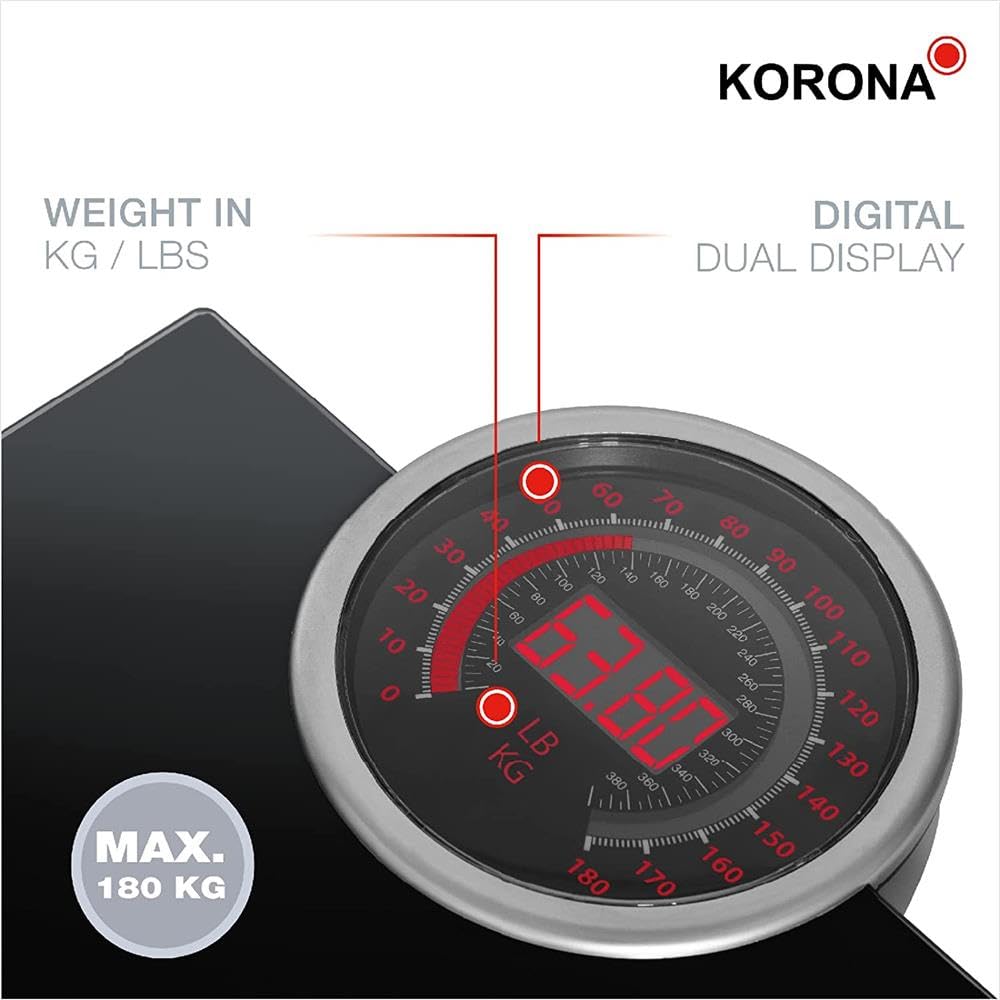 Korona 73250 Personenwaage CORA mit XXL-Display und Vollsichtskala | 26 mm Ziffernhöhe | Tragkraft 180 kg, Einteilung 100 g | Inkl. Batterien
