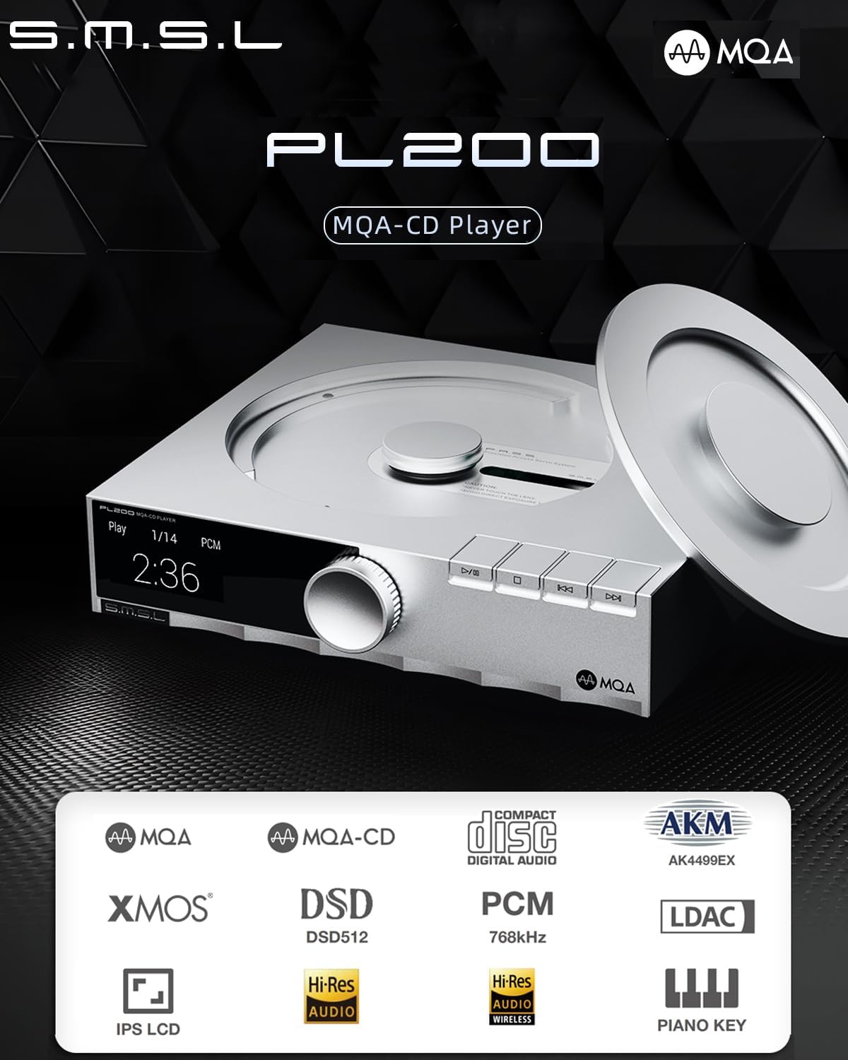 SMSL PL200 MQA CD Player with AK4499EX DAC BT 5.1(LDAC/aptX HD) USB Headphone Amplifier Support MQA-CD MQA Full Decoding 32bit/768kHz DSD512 XLR Balanced Hi-Res Preamp