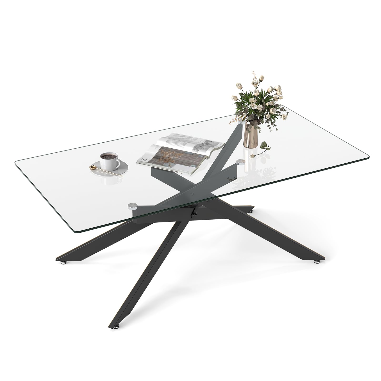 COSTWAY Mesa de Centro de Cristal, Mesa Central Rectangular con Tapa de Cristal Templado y Patas Tubulares de Metal, Mesita de Café Moderna para Salón Oficina Apartamento, 120 x 60 x 45,5 cm (Negro)