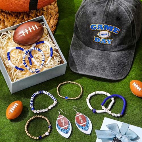 10 Pcs Football Game Day Accessories for Women Set, Embroidered Football Hat, Beaded Bracelets and Earrings4