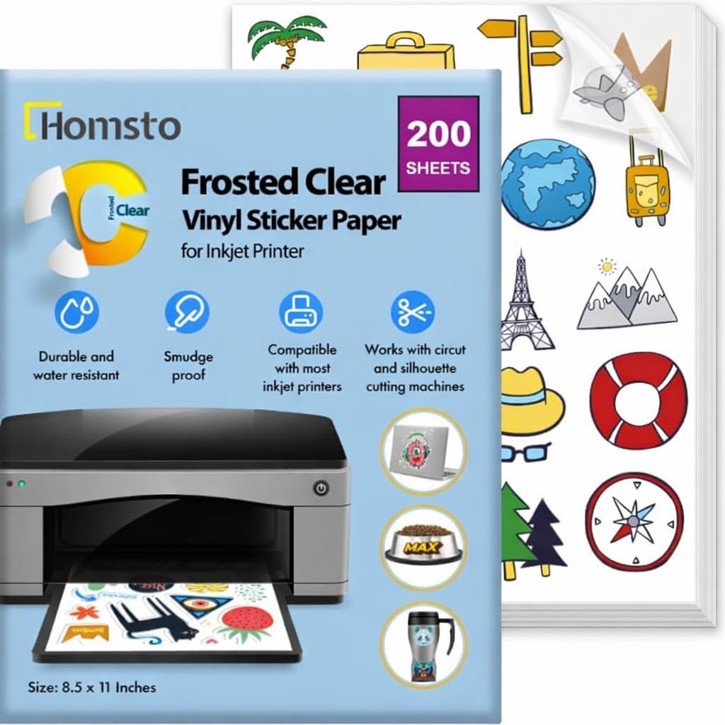 Printable Vinyl Sticker Paper for Inkjet Printer - Self Adhesive Frosty Clear Waterproof Sticker Paper - 200 Sheets 8.5x11 Easy Cut & Peel, Premium Quality Sticker Printer Paper for Crafts, Decals