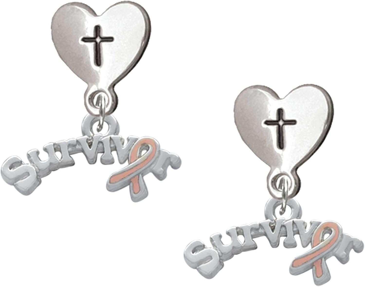 Delight Jewelry Silvertone Survivor with Pink Ribbon Cross in Heart Post Dangle Earrings