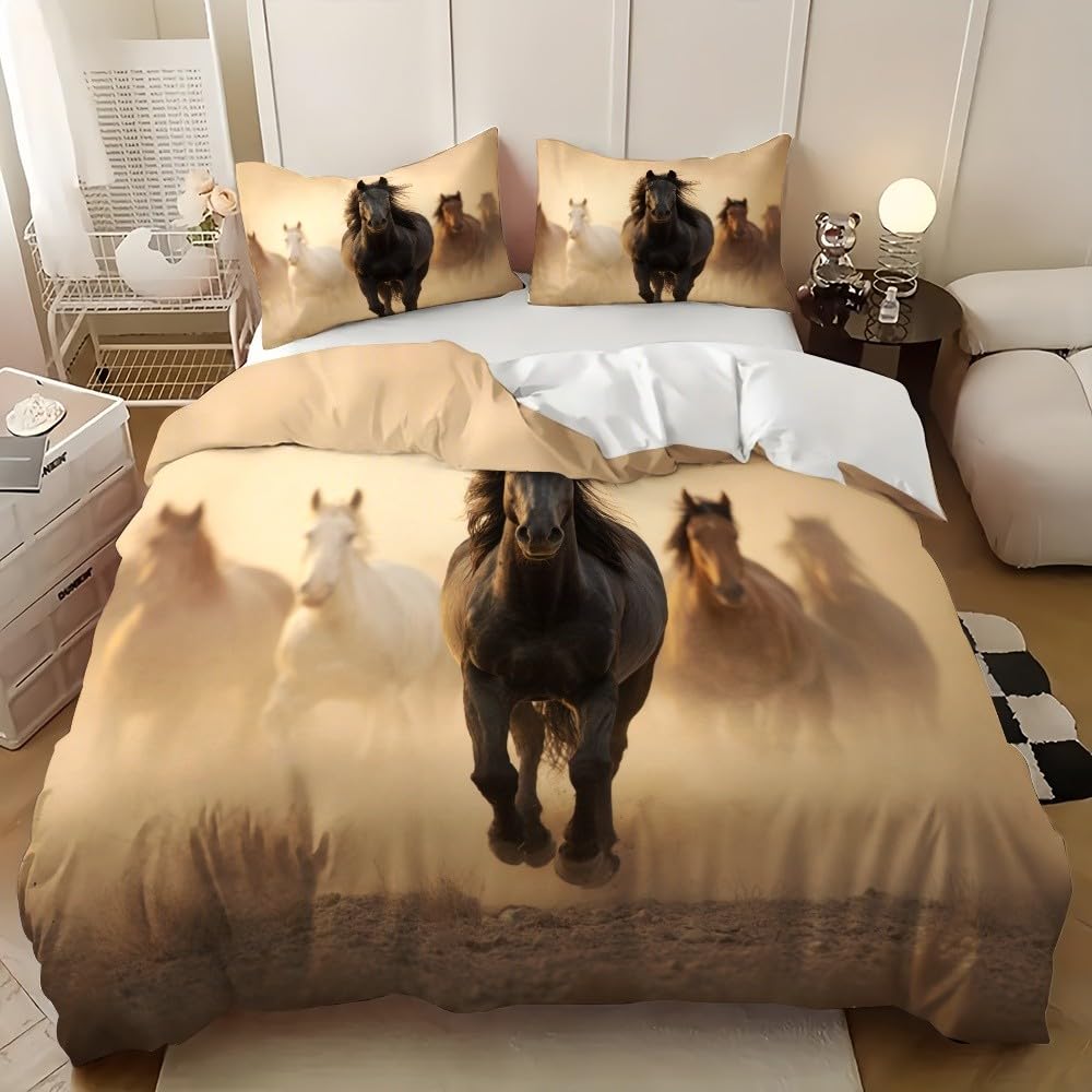Housse de couette animaux 200x200 parure de lit cheval jaune fermeture éclair microfibre