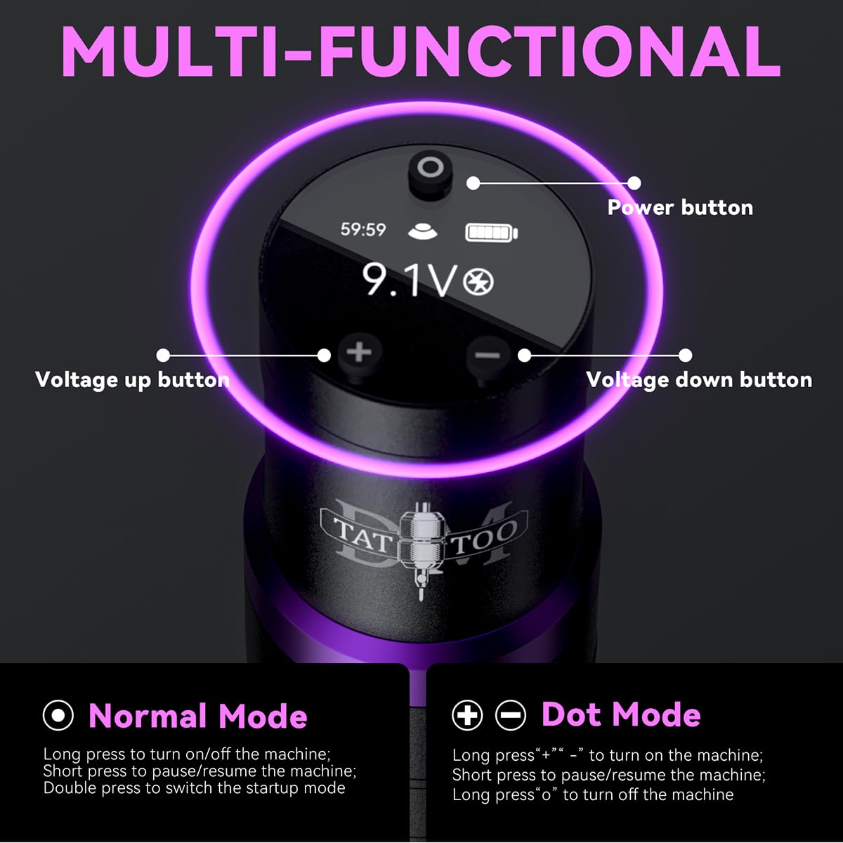 Tattoo Gun Wireless Tattoo Machine Multi-function Tattoo Pen with Smart Display 7 Strokes Length for Tattoo Artists