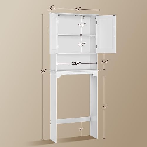 Miniatura 3 de Yaheetech Armario sobre el inodoro, organizador de almacenamiento de baño de doble puerta, estante de inodoro con estante interior ajustable y Blanco