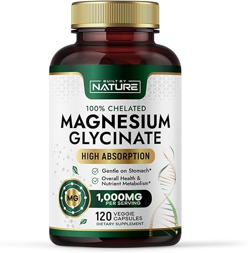 Built By Nature Glicinato de magnesio 1000 mg - Suplemento de magnesio de alta absorción - 100% quelado, suave para el estómago - Soporte muscular,