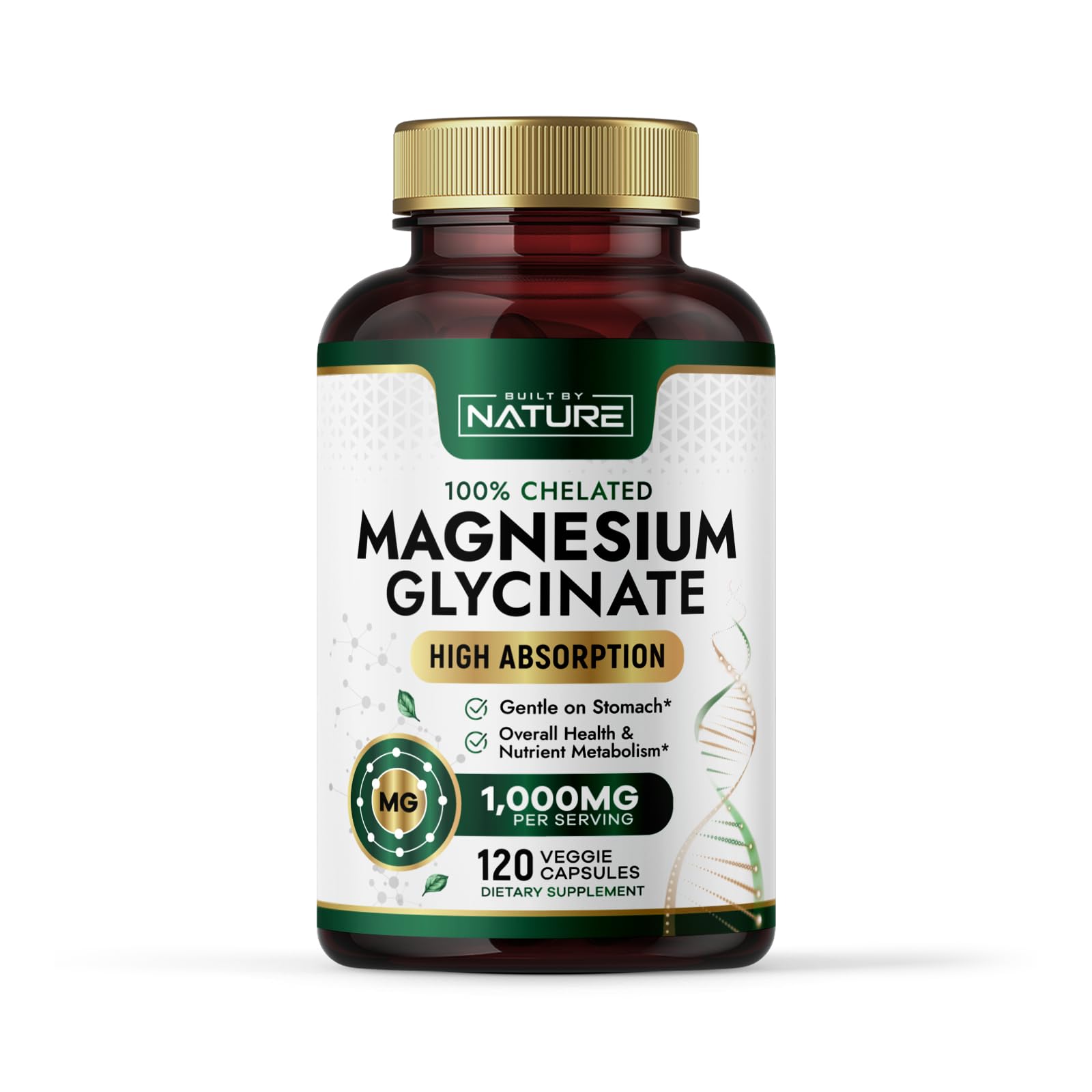 Built By Nature Magnesium Glycinate 1000mg – High Absorption Magnesium Supplement – 100% Chelated, Gentle on Stomach - Muscle, Heart, Bone & Relaxation Support - Non-GMO, Vegan - 120 Capsules 120 Count (Pack of 1)