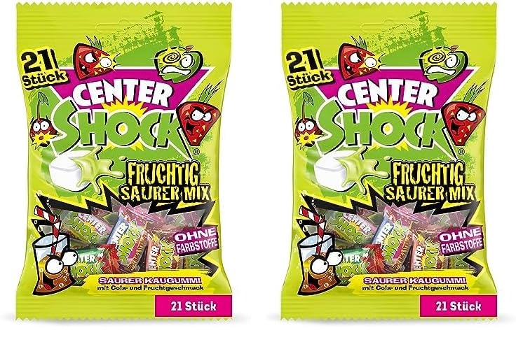 Center Shock Sour Mix, Packung mit 21 extra-sauren Kaugummis, verschiedenen Sorten mit Cola- & Frucht-Geschmack, perfekt für Geburtstag & Halloween, 90g (Packung mit 2)