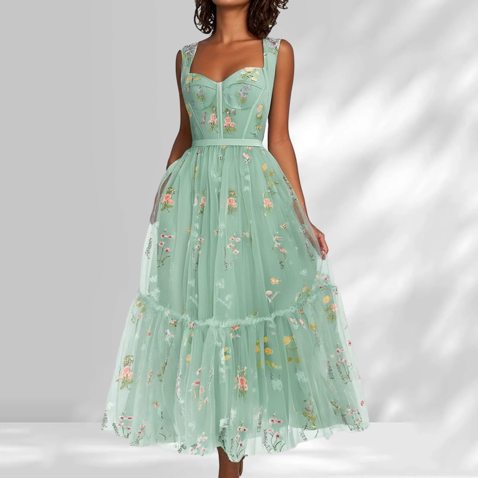 Vestido de Noche Formal para Mujer con Bordado Floral y Corte A en Largo Rodilla