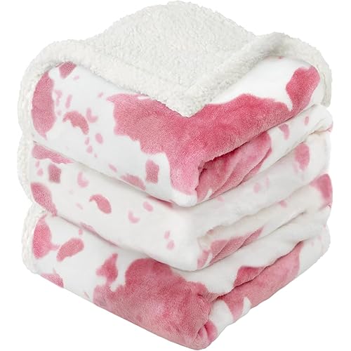 Cow Print Heated Blanket Twin-Heating Electric Blanket Twin with 10 Heat Levels & 10 Hours Auto-Off, Cozy Soft Fleece Sherpa, Washable, 62 x 84 Inches Cow Print Pink