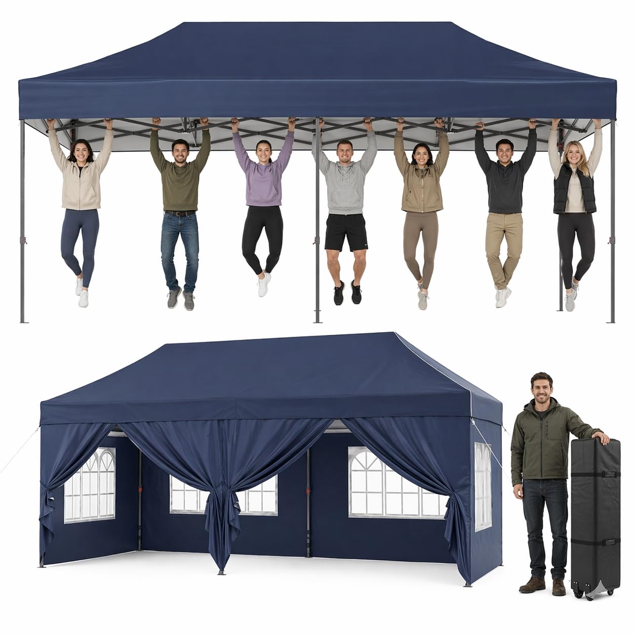 Aoxun Pop Up Gazebo 3m x 6m with Sides, Waterproof Outdoor Canopy with Wheeled Carrybag,6 Weight Bags, 8 Stakes and 4 Ropes, Heavy Duty Instant Shelter for Garden Party BBQ, Blue