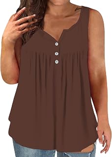 Camiseta de verano para mujer, cuello en V, abotonada, sin mangas, plisada, talla grande, casual, ajuste holgado, blusas para mujer