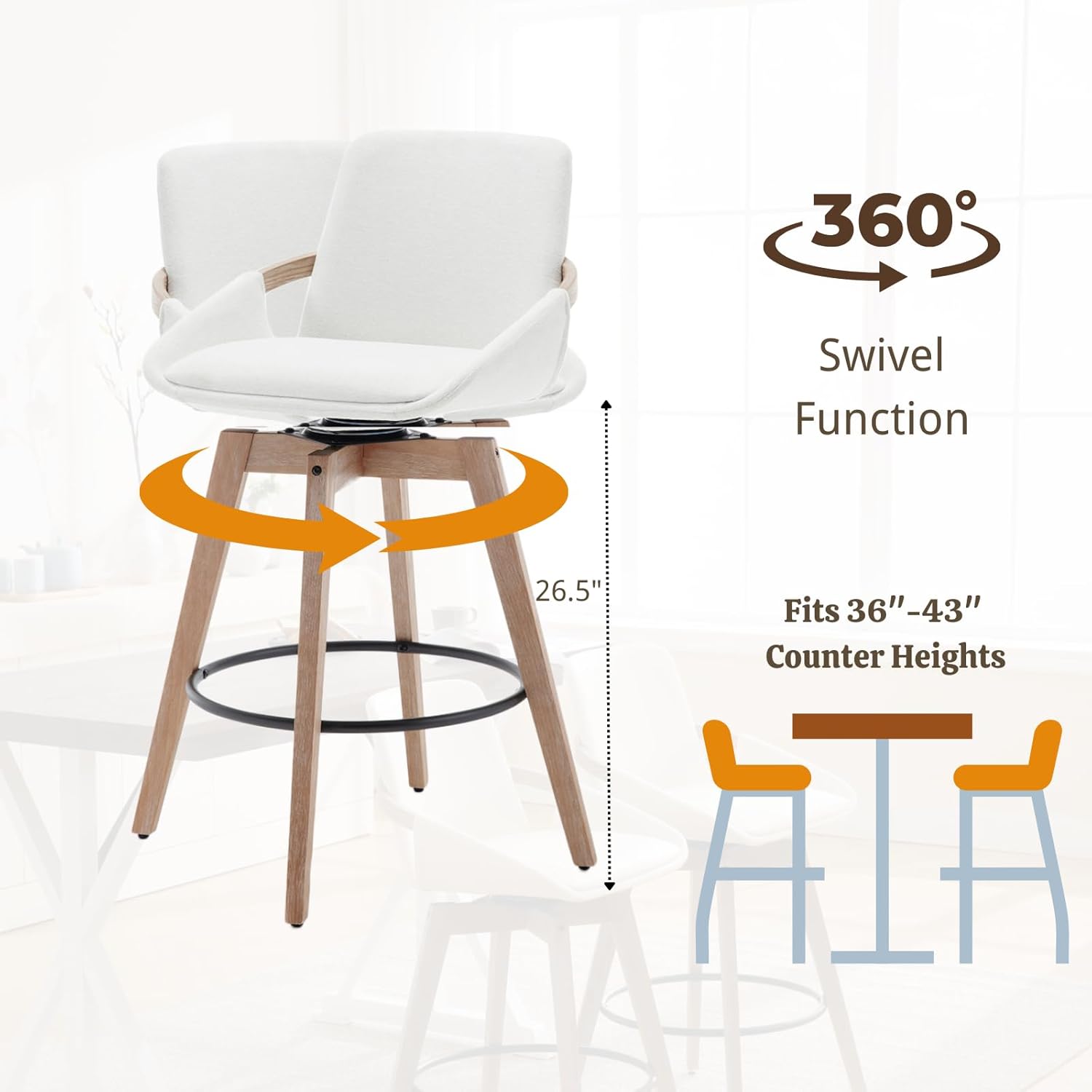 HEAH-YO Modern Counter Stools Set of 4, Upholstered 26 Inches Counter Height Bar Stool with Backrest, Swivel Kitchen Stool for Island, Linen White