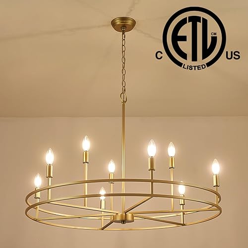 Miniatura 3 de Candelabro dorado de 9 luces para comedor sobre mesa, dormitorio principal, iluminación redonda para sala de estar, vestíbulo, baño, metal sólido,
