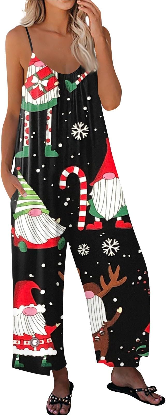 2024 Christmas Overalls for Women, Jumpsuit Dressy for Women, Costumes Santa Claus Print Straps Wide Leg Pants