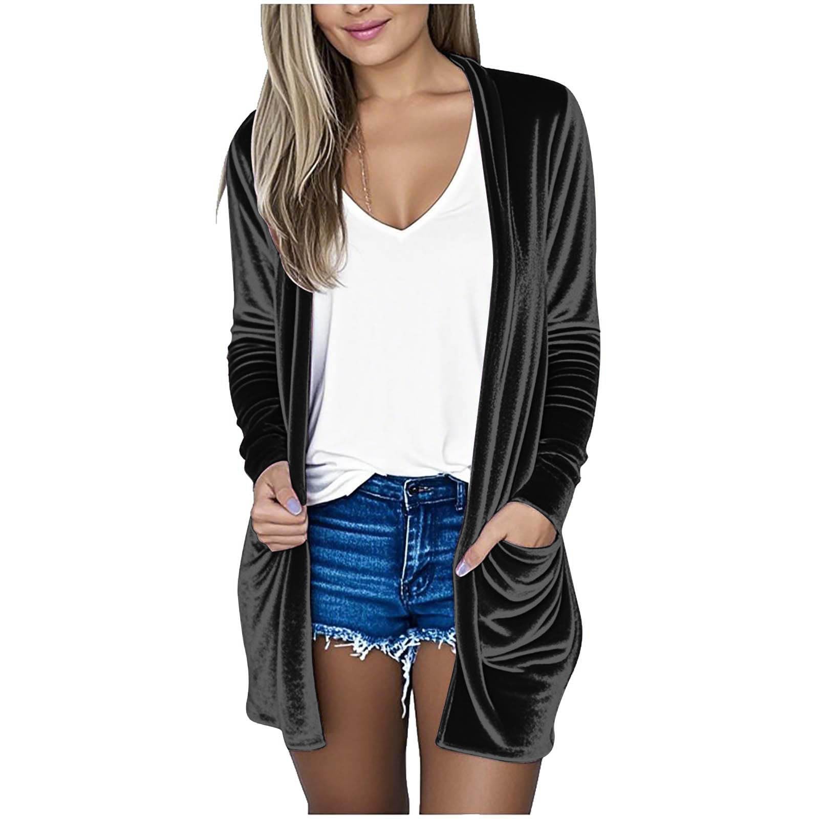 Womens Velvet Cardigan Long Sleeve Open Front Irregular Tailored Cardigans Jacket Blazer Coat with Pockets