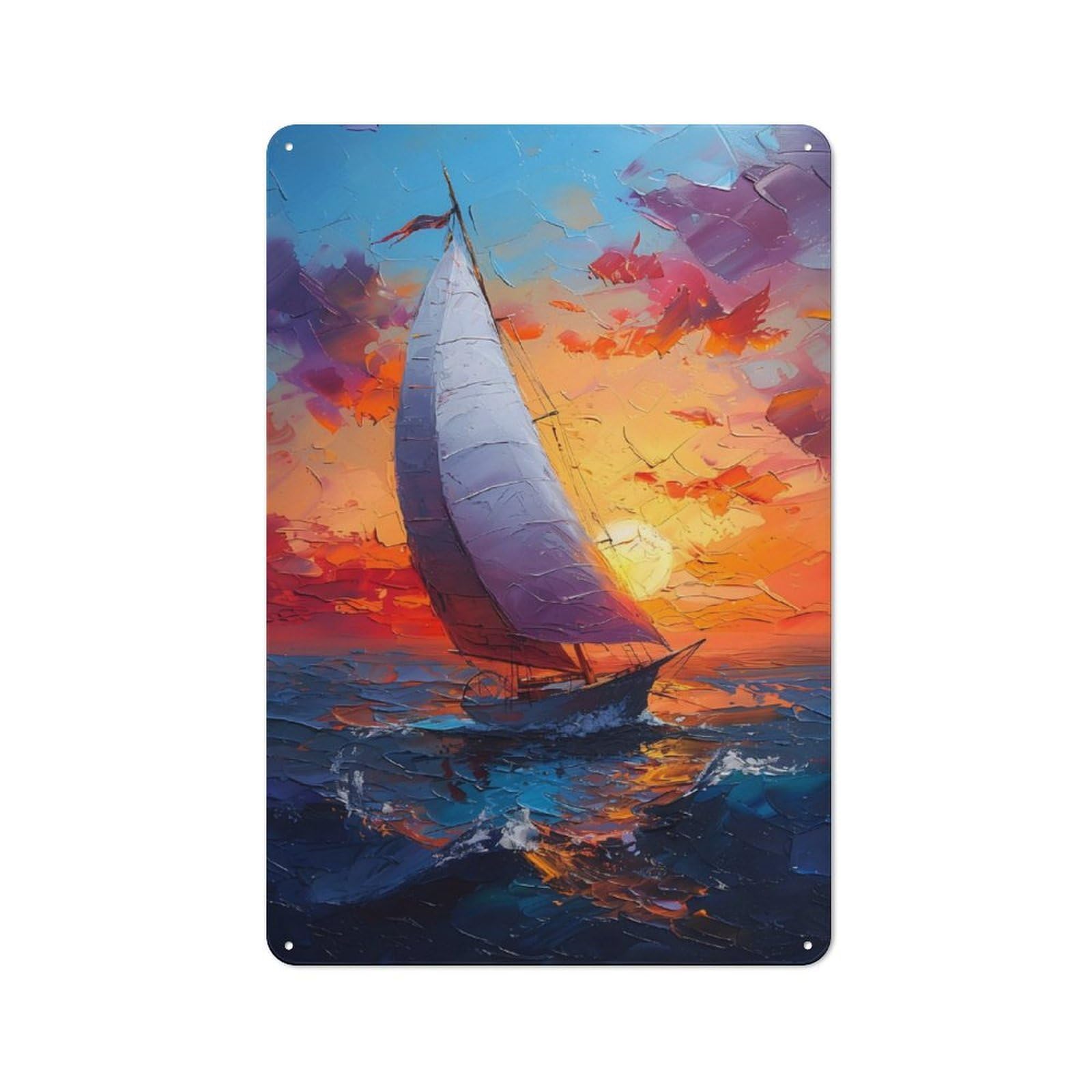 Junmoney Sailboat Sunset Painting Rustic Metal Sign 30X20cm For Living Room Or Hallway, For Winter Room Styling In Living Room And Hallway