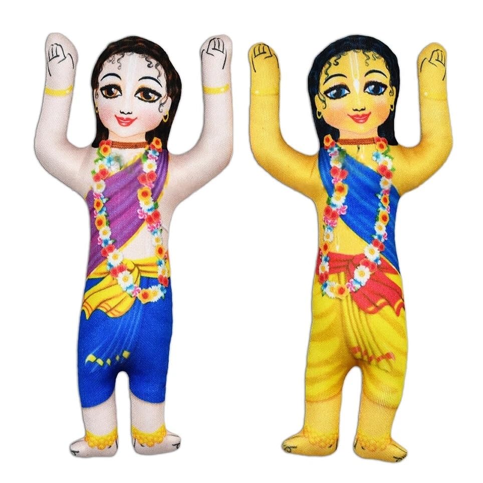 Image of Gaur Nitai Soft Toy Pair - Chaitanya Mahaprabhu & Nityananda Plush Dolls (Multicolor, 8 Inch) | ISKCON Inspired Stuffed Toys for Kids, Decor & Devotional Gifting