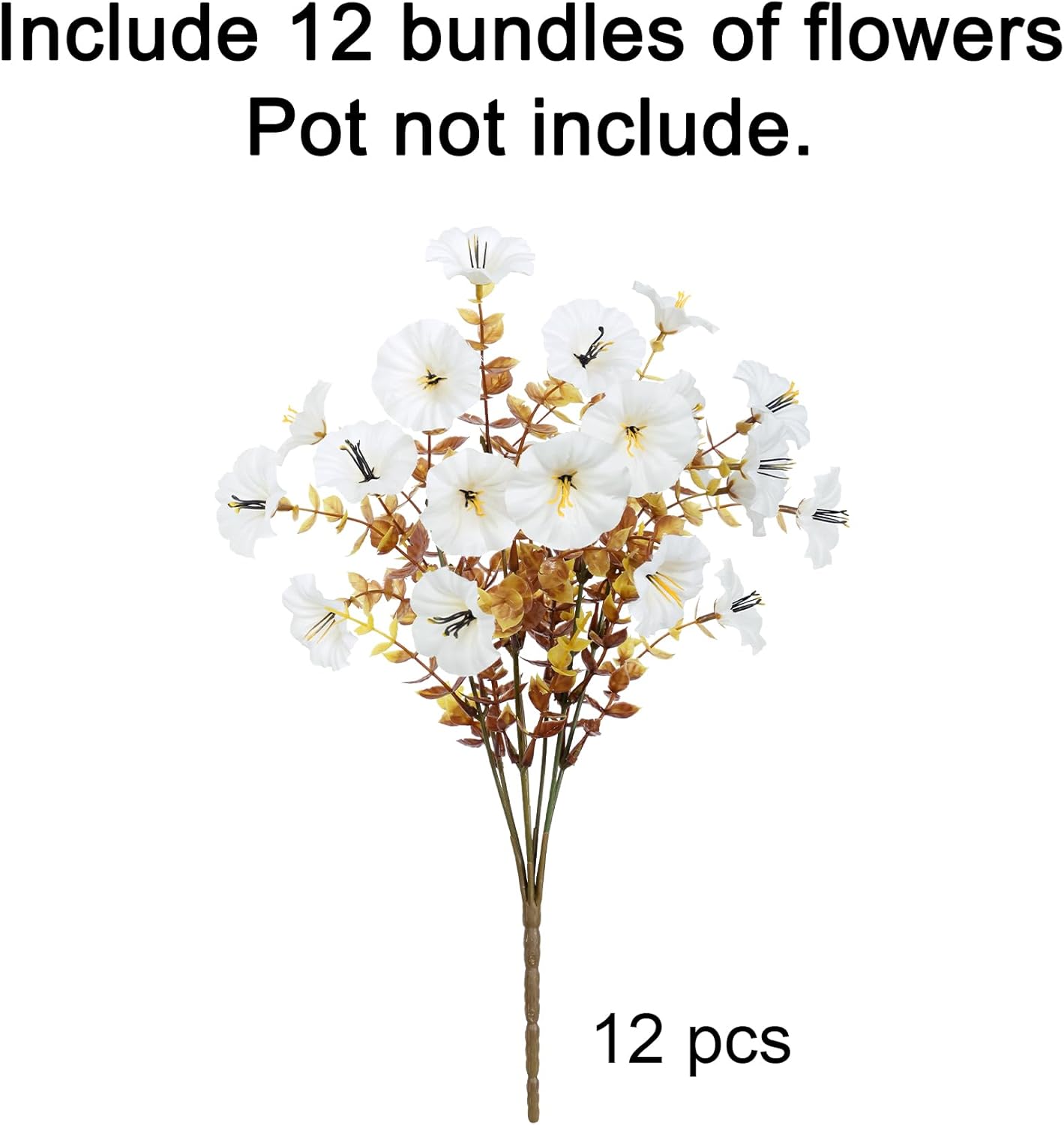 Fake Mums Artificial Fall Flowers Fake Plants for Outdoors Autumn Decor, 12 Bundles White Silk Morning Glory with Eucalyptus Look Real UV Resistant Faux Flowers for Outside Planters Front Door Yard - Image 5