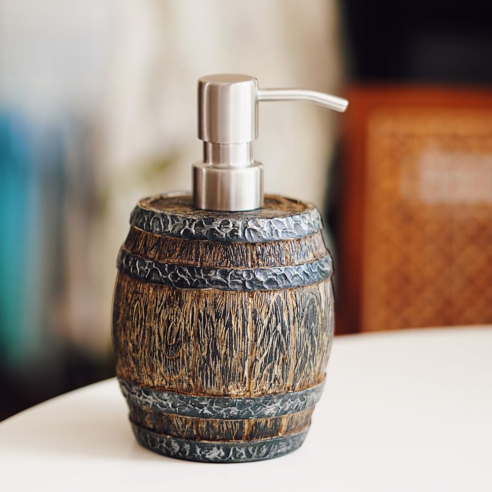 Wooden Barrel Soap Dispenser with Stainless Steel Rust Proof Pump, Refillable Liquid Hand Lotion Bottle for Bathroom, Bedroom and Kitchen.