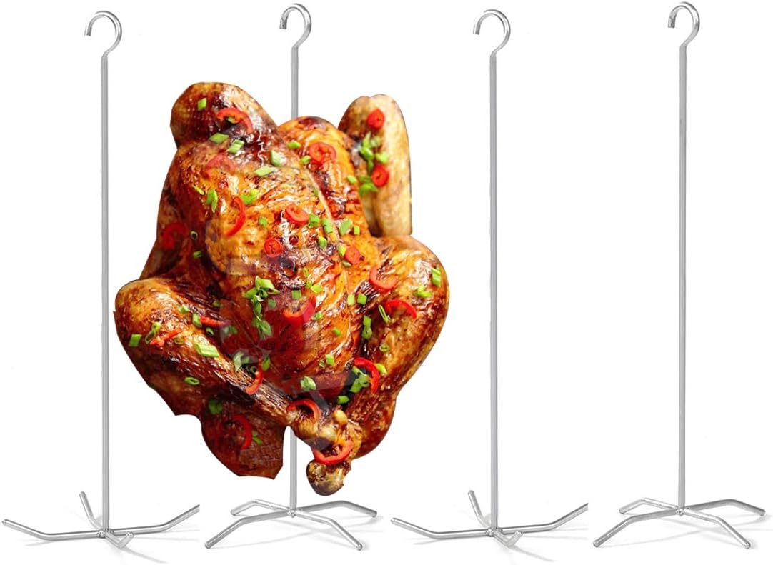 Reyhoar Super Skewers, Poultry Hanger, Turkey Holder, Pit Barrel Bronco Cooker Accessories, Vertical Grill Rack for Smoking Whole Chicken/Turkey, 4-Set with 4 skewers 4 Bases, Silver