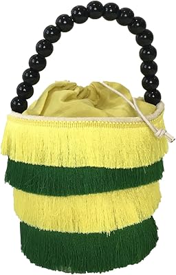 Fashion Culture Cora Striped Fringe Beaded Top Handle Mini Bucket Bag (Yellow/Green)