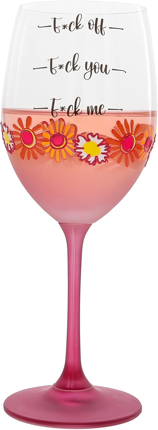 Pavilion Gift Company - Fuck Off - 18 oz Wine Glass - Floral Bold Statement Funny Silly Crystal Wine Vineyard Confident Sassy Friend Birthday Gift