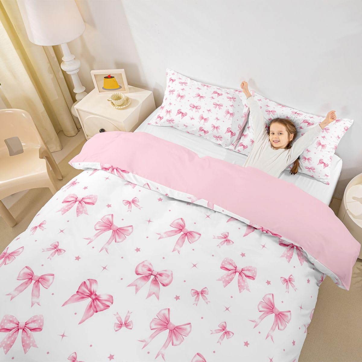 Homewish Rosa fiocco Super King Copripiumino carino fiocchi Set di biancheria da letto a quadretti fiocco trapunta bowknot stelle coquette Bed Sets
